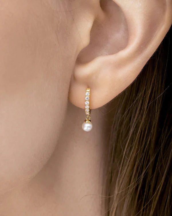 Gold Pearl Huggie Hoop Earrings