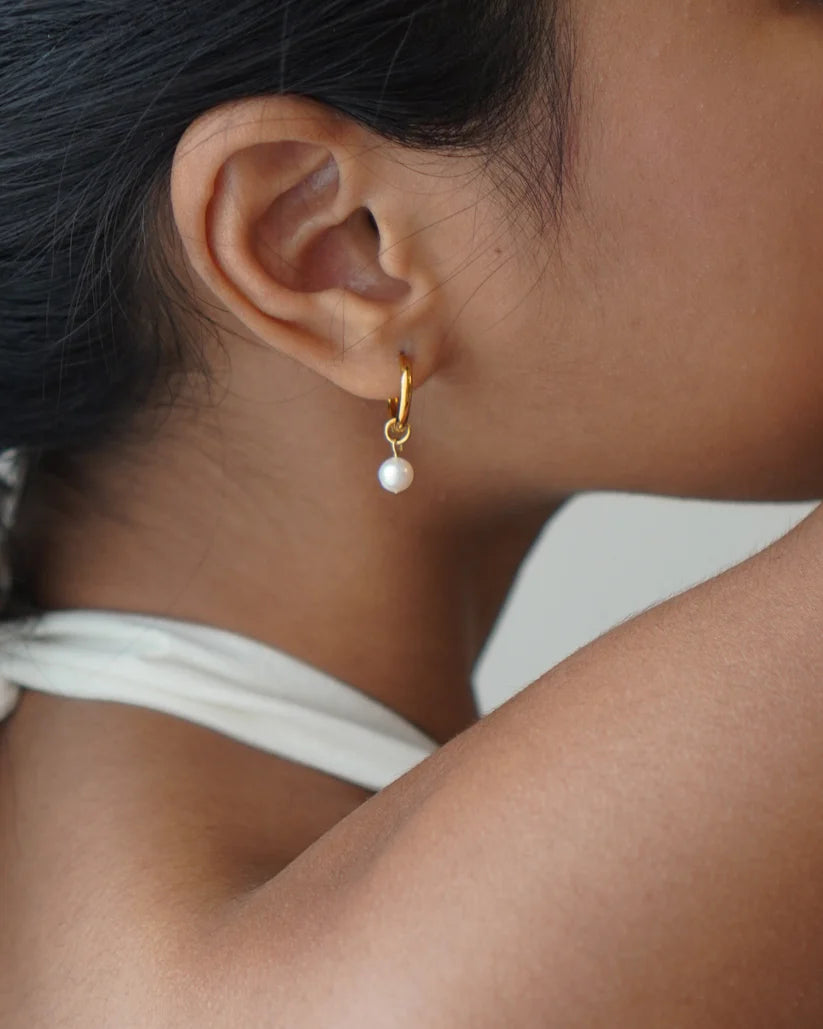 Gold Hoop Pearl Drop Earrings